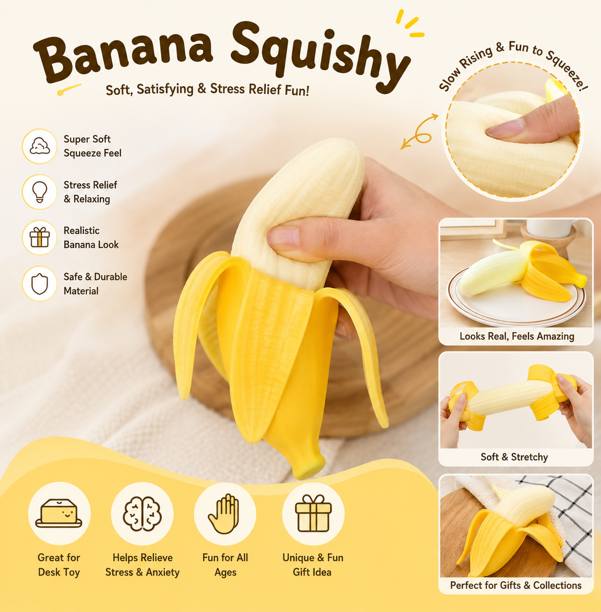 Realistic peeled banana sensory toy with an ultra-soft squishy texture for stress relief, anxiety relaxation, sensory play, and everyday fun. A cute desk companion and thoughtful gift for kids, teens, and adults.