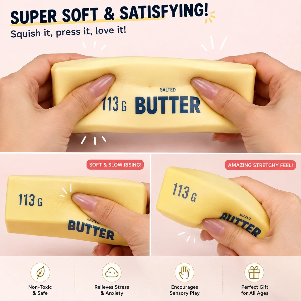 Soft rebound butter compression toy designed to deform under pressure and slowly recover after release.