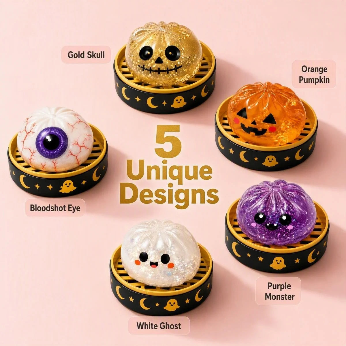 Five spooky Halloween character toys featuring a gold skull, orange jack-o-lantern, bloodshot eyeball and other collectible designs.