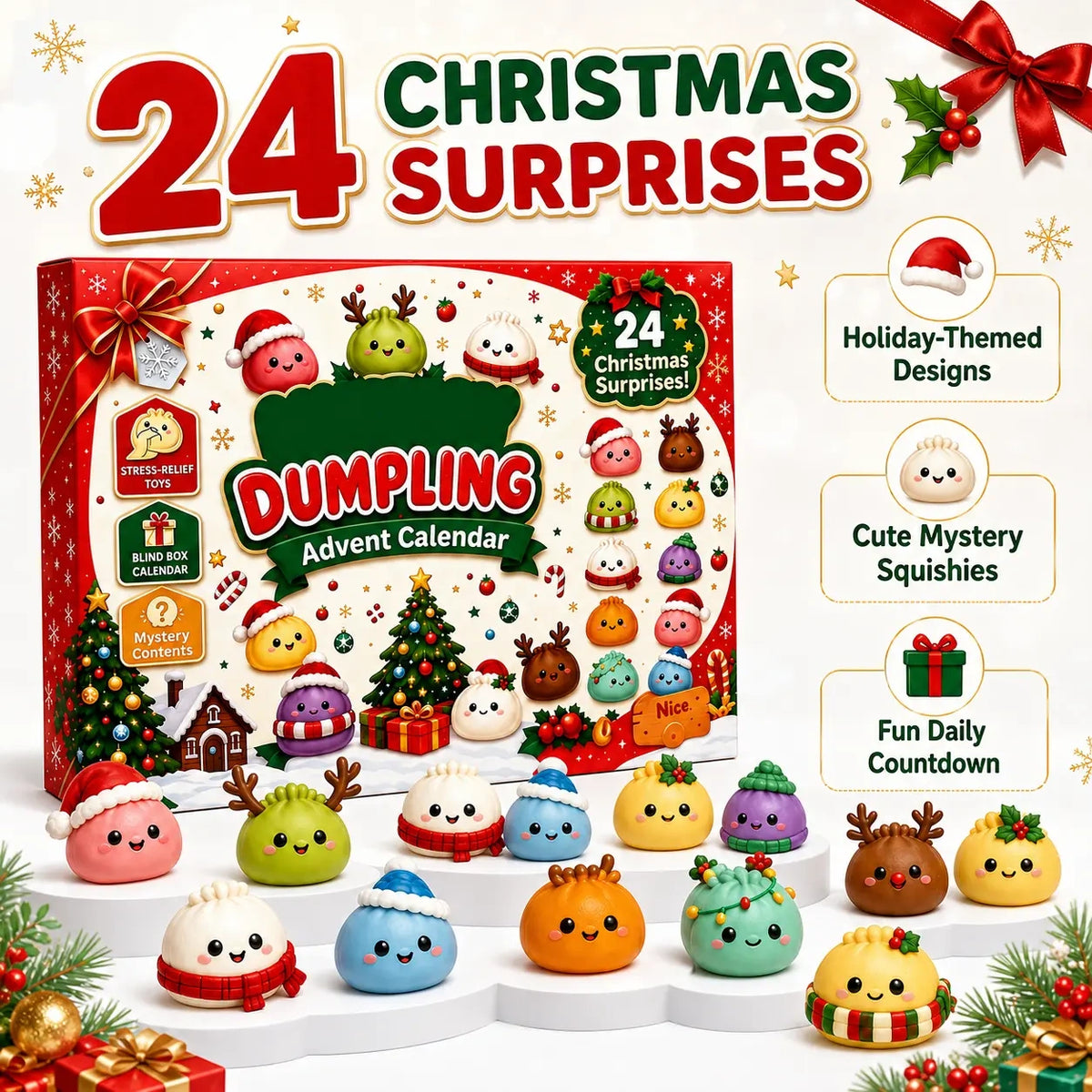 24 Christmas surprise kawaii squishy figures featuring assorted cute food designs for collecting, squeezing and holiday gifting.