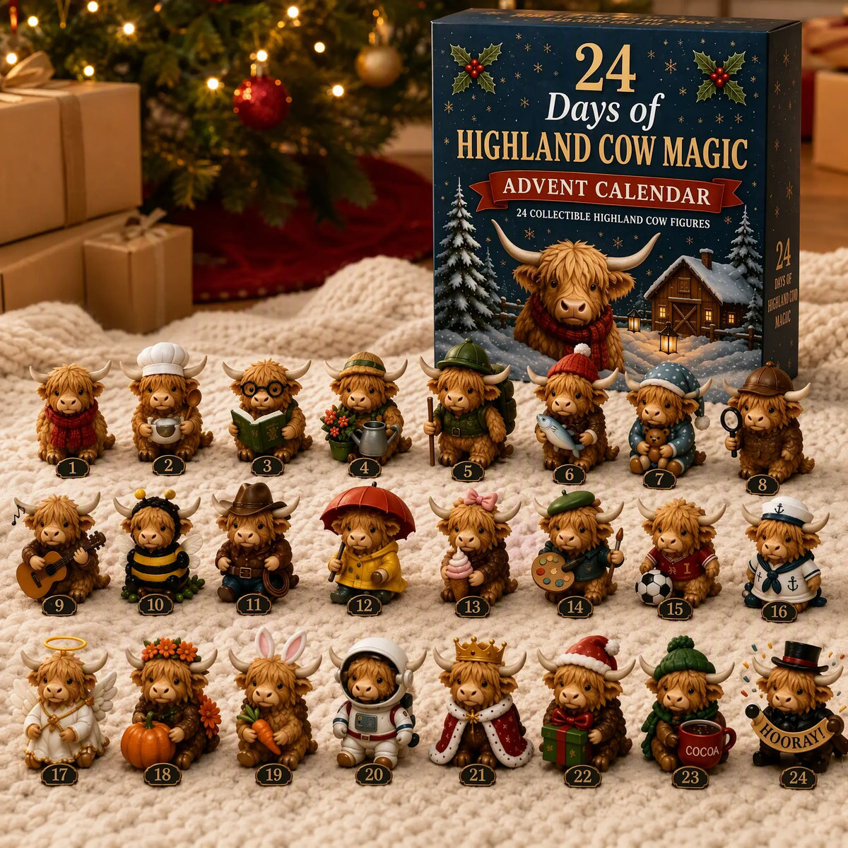 Christmas countdown gift set featuring 24 festive Highland cow collectible figures and Advent calendar box.