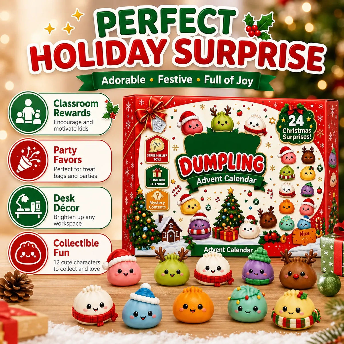 Christmas countdown gift featuring 24 surprise dumpling squishy figures in cute food-inspired designs.