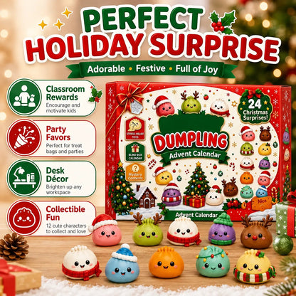 Christmas countdown gift featuring 24 surprise dumpling squishy figures in cute food-inspired designs.