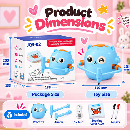 Interactive drawing robot dimensions with 2 drawing arms, 100 drawing cards, 2 pens and charging cable included