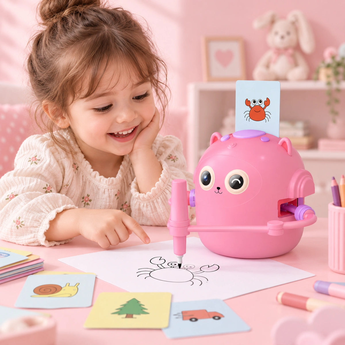Young girl using a pink drawing robot with picture cards for hands-on creative learning and art play
