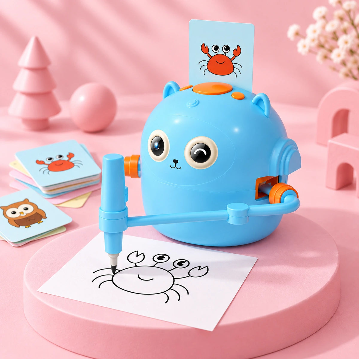Blue interactive drawing robot for kids creating a crab picture with learning cards, a fun educational art toy for creative play