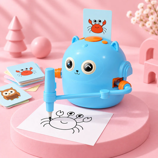 Blue interactive drawing robot for kids creating a crab picture with learning cards, a fun educational art toy for creative play