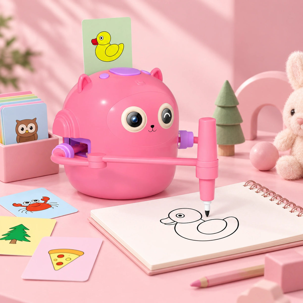 Pink creative drawing robot for kids with learning cards, designed for fun drawing practice and imaginative art activities