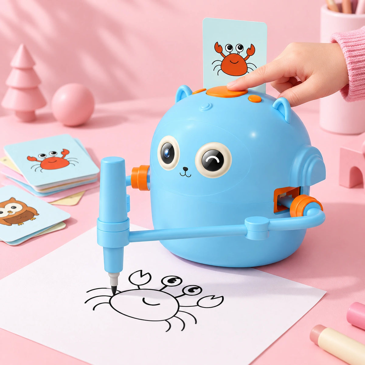 Smart drawing robot for kids recognizing a picture card and automatically guiding an easy step-by-step drawing activity