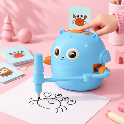 Smart drawing robot for kids recognizing a picture card and automatically guiding an easy step-by-step drawing activity