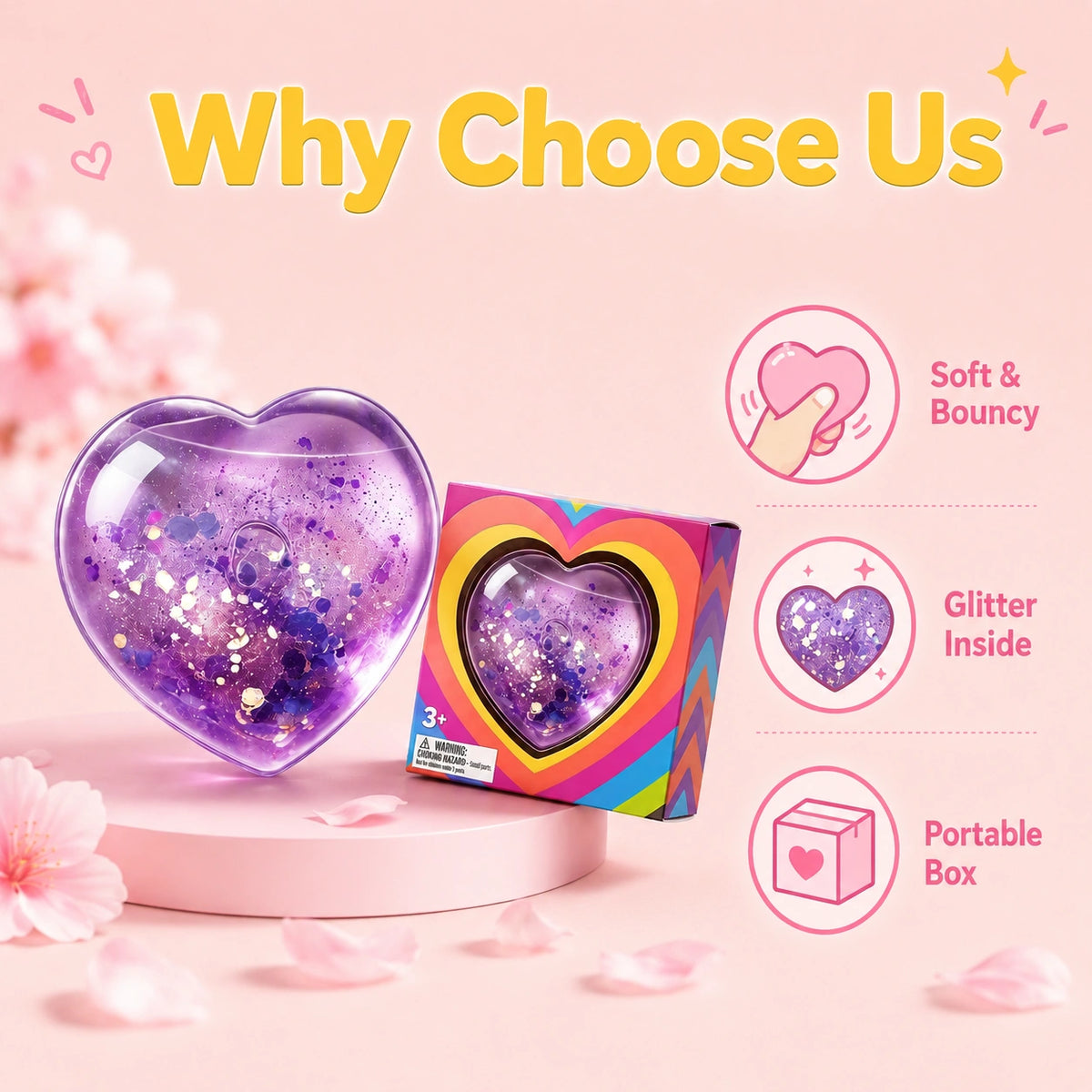 Soft and bouncy glitter heart squishy sensory toy with portable gift box, a satisfying fidget squeeze toy for stress relief and everyday relaxation.