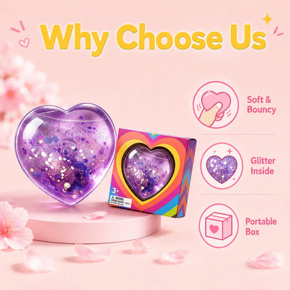 Soft and bouncy glitter heart squishy sensory toy with portable gift box, a satisfying fidget squeeze toy for stress relief and everyday relaxation.