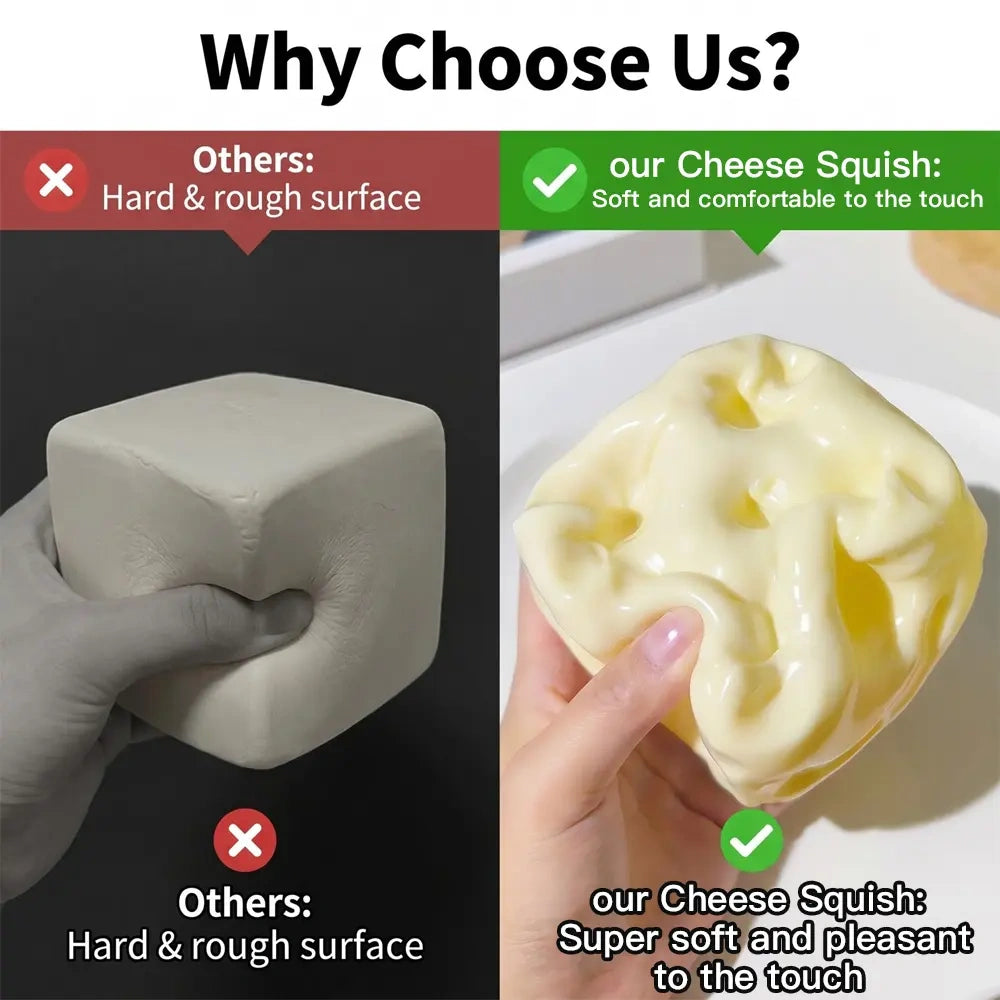 Cheese squishy toy softness comparison showing a soft squeezable texture