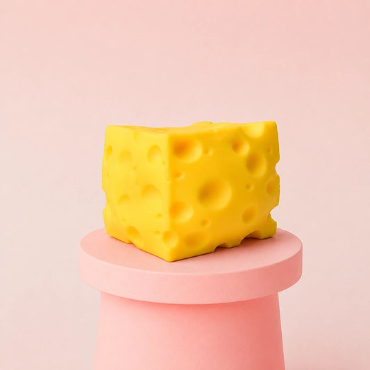 Yellow cheese squishy stress relief toy displayed on a pink pedestal