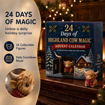 24-day Christmas countdown calendar with Highland cow surprises, designed as a festive gift for cow lovers.