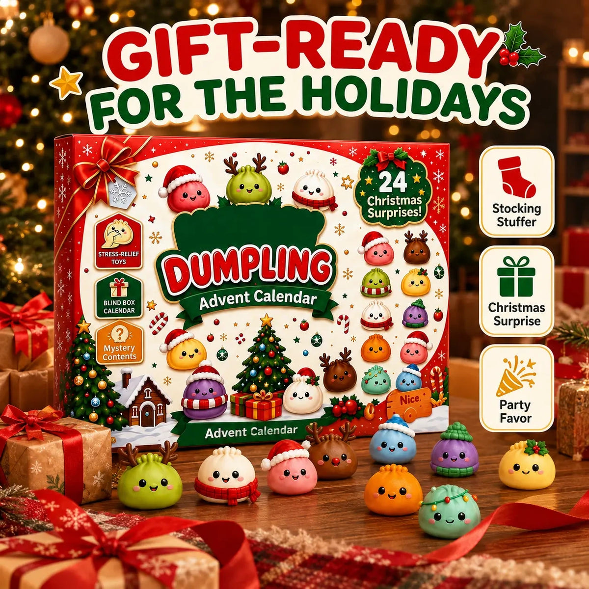 Gift-ready Dumpling Squishy Advent Calendar with 24 surprise kawaii figures for kids, teens and squishy collectors.