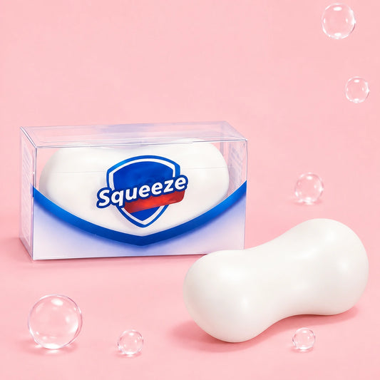 White soap-shaped squishy stress relief toy with soft squeeze texture and retail packaging.