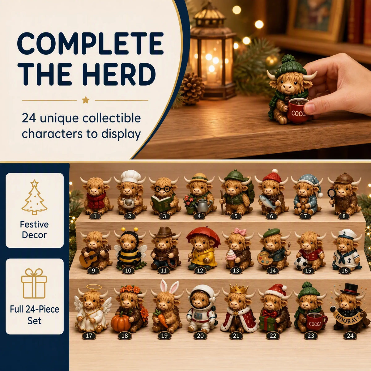 Complete collection of 24 Highland cow mini figures in different festive outfits for holiday collecting and display.