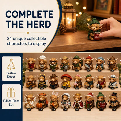 Complete collection of 24 Highland cow mini figures in different festive outfits for holiday collecting and display.