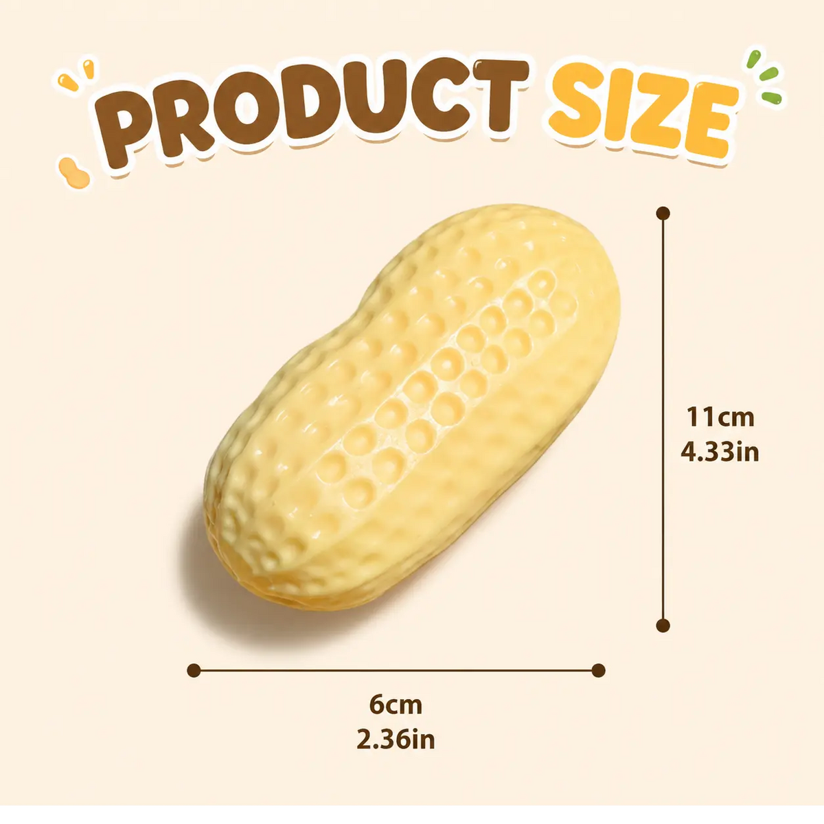 Compact peanut-shaped desk toy measuring approximately 11 cm by 6 cm, shown with clear dimensions for easy size reference.