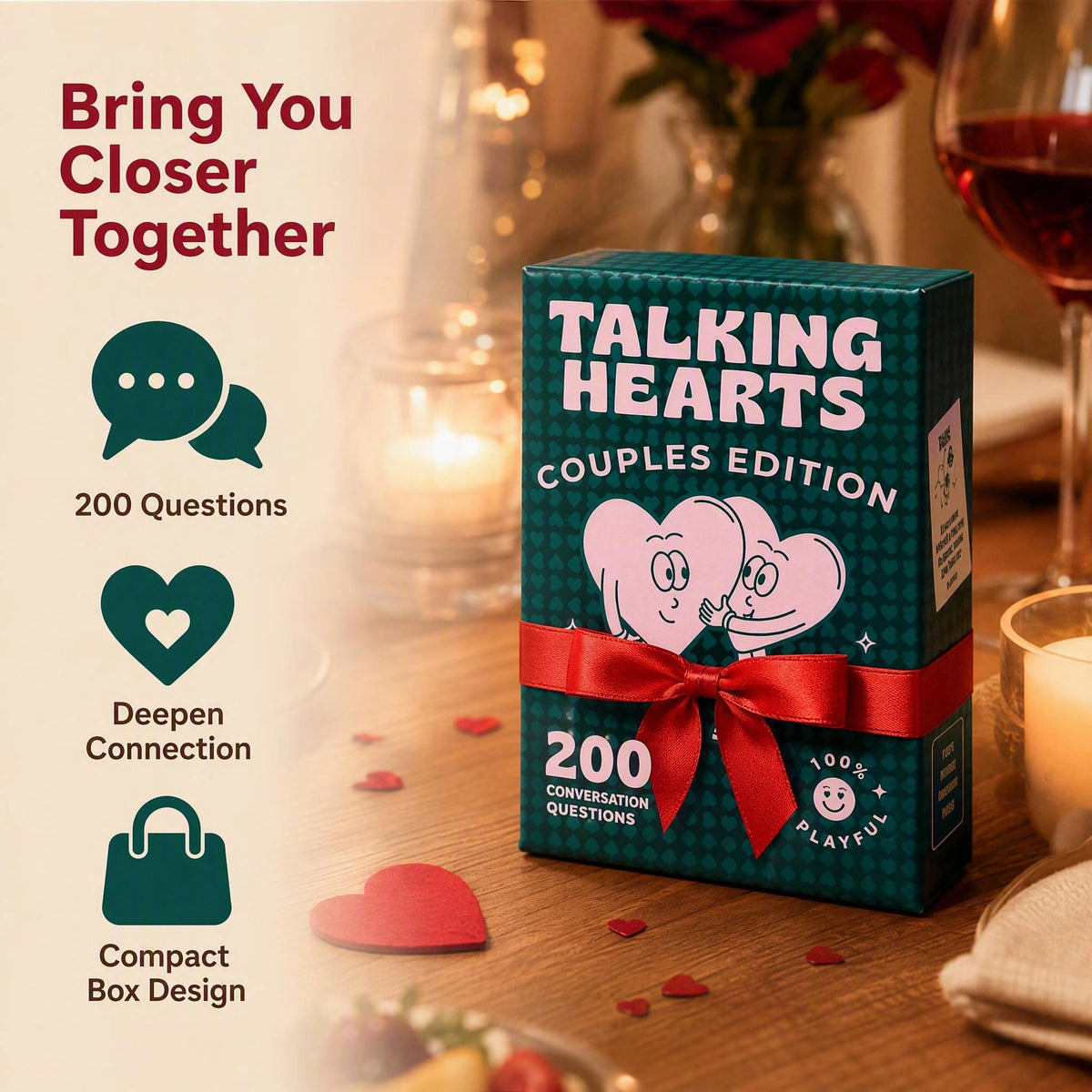 Talking Hearts couples card game with conversation prompts designed to help partners connect, laugh, and enjoy quality time together