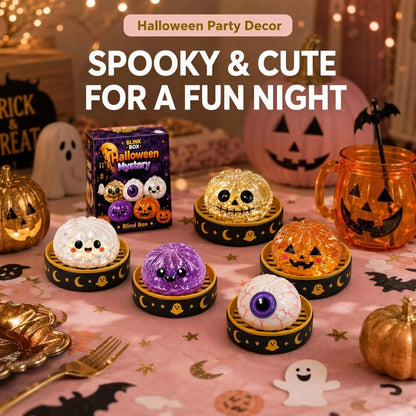 Cute spooky Halloween character toys displayed as festive table decorations for Halloween parties, family gatherings and seasonal celebrations.