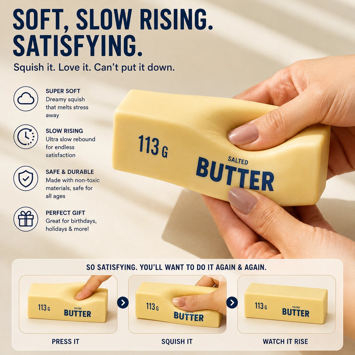 Butter-shaped desk fidget toy for hands-on entertainment during office, study and work breaks.