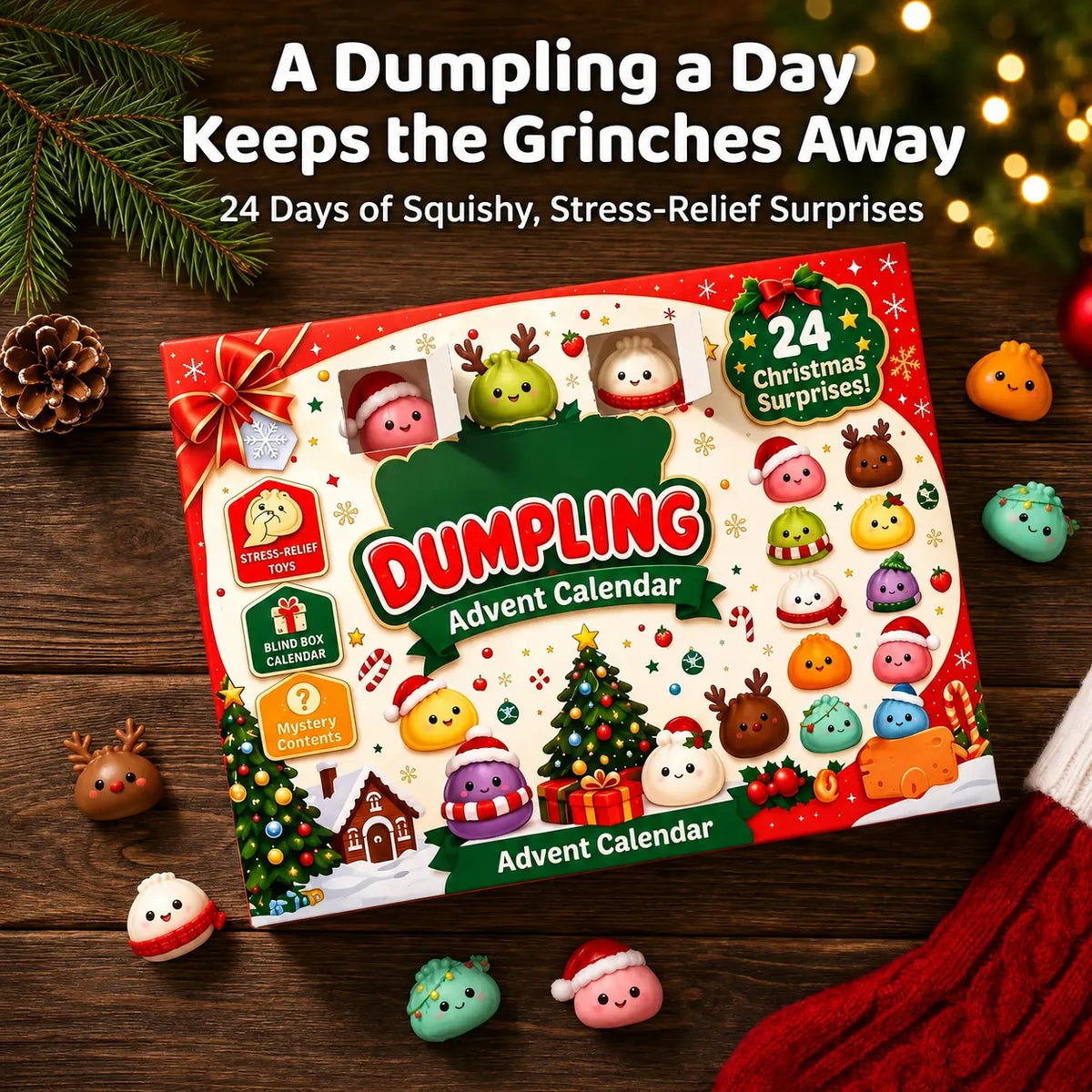 Dumpling Squishy Advent Calendar gift box displayed as a festive Christmas present with 24 daily surprises.