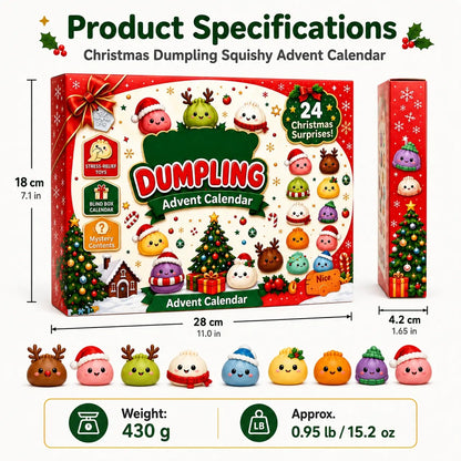 Product details for the 24-day Dumpling Squishy Advent Calendar with assorted kawaii mini food squishy figures.