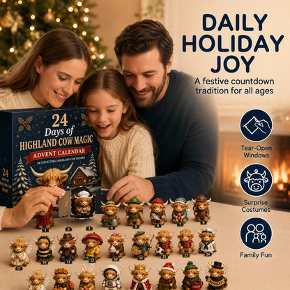 Family enjoying a Highland cow Advent calendar with collectible figures during the Christmas holiday season.