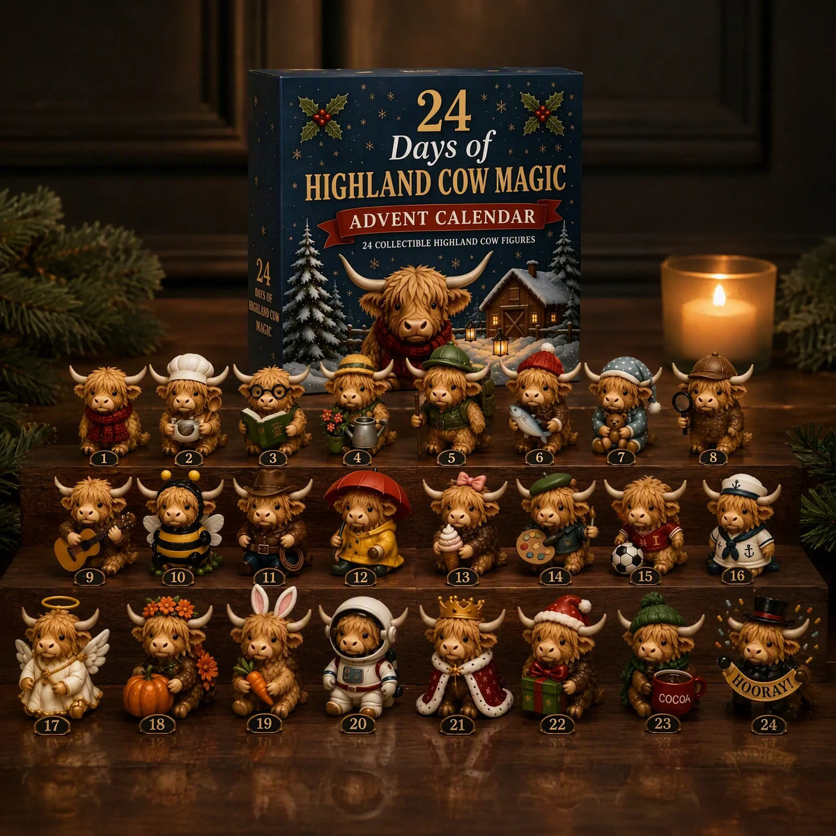 Festive Highland cow collectibles displayed with an Advent calendar in a cozy Christmas home setting.