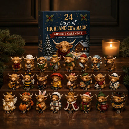 Festive Highland cow collectibles displayed with an Advent calendar in a cozy Christmas home setting.