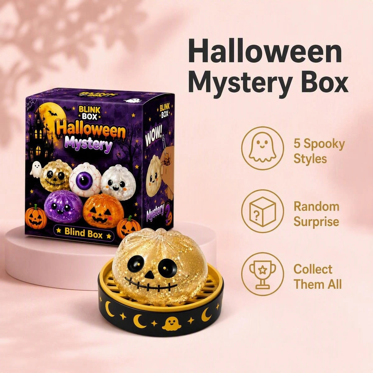 Halloween Mystery Box with five spooky squishy surprise characters, featuring cute pumpkin, ghost and eyeball designs for collecting, gifting and sensory play.