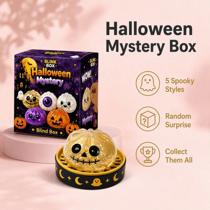 Halloween Mystery Box with five spooky squishy surprise characters, featuring cute pumpkin, ghost and eyeball designs for collecting, gifting and sensory play.