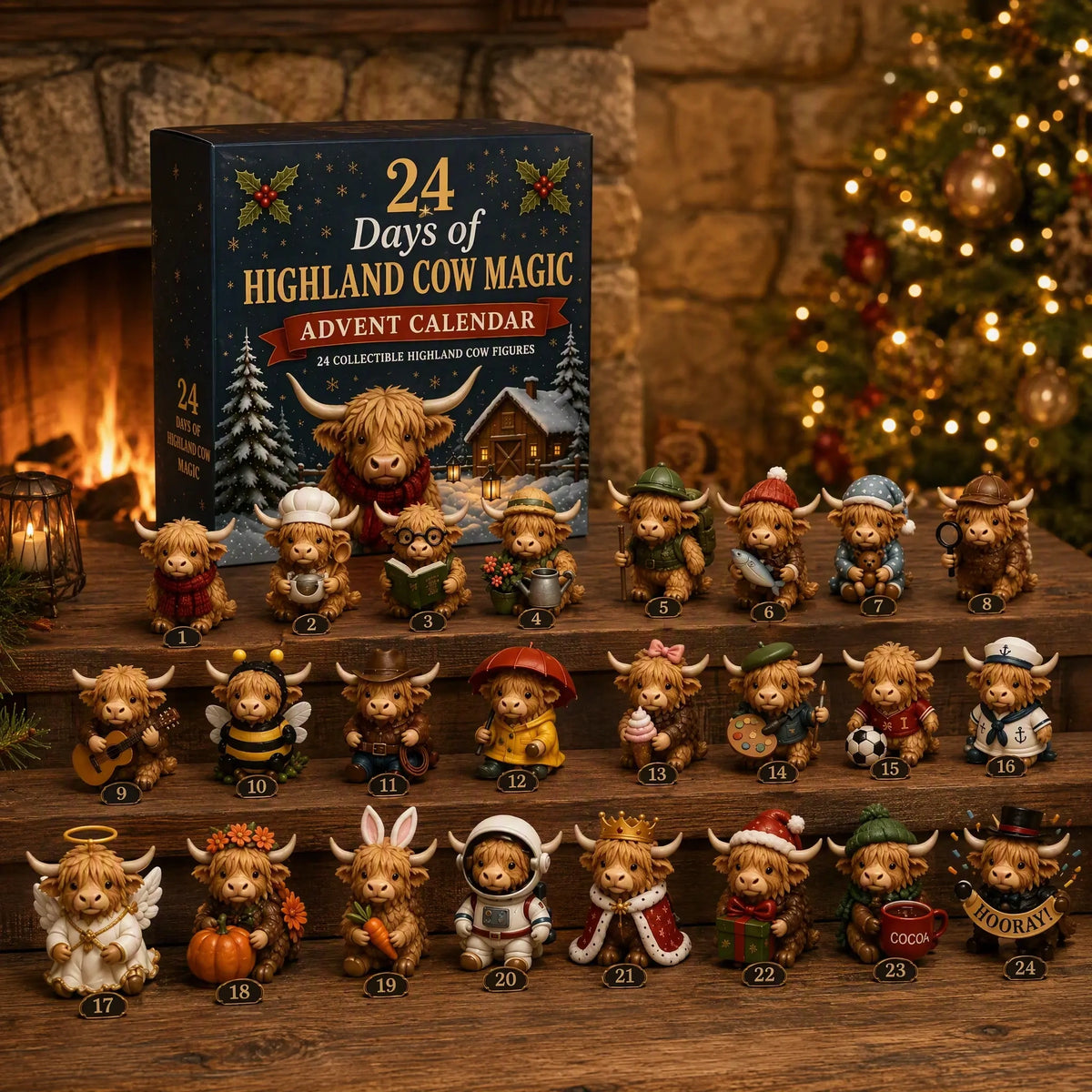 24-day Highland cow Advent calendar with 24 collectible cow figures displayed by a Christmas tree and fireplace.