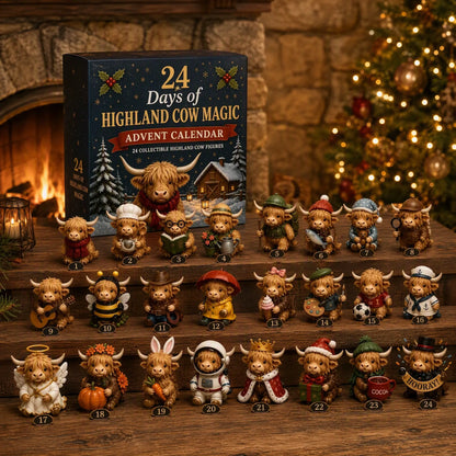 24-day Highland cow Advent calendar with 24 collectible cow figures displayed by a Christmas tree and fireplace.
