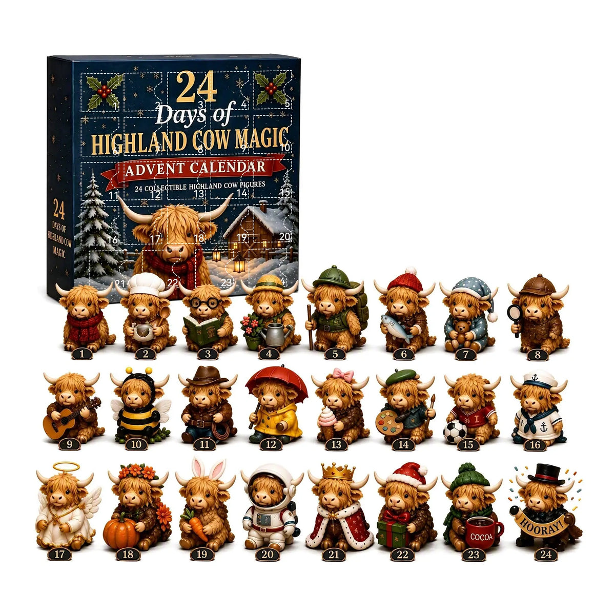 Highland cow Advent calendar gift box with all 24 collectible Christmas cow figures shown together.