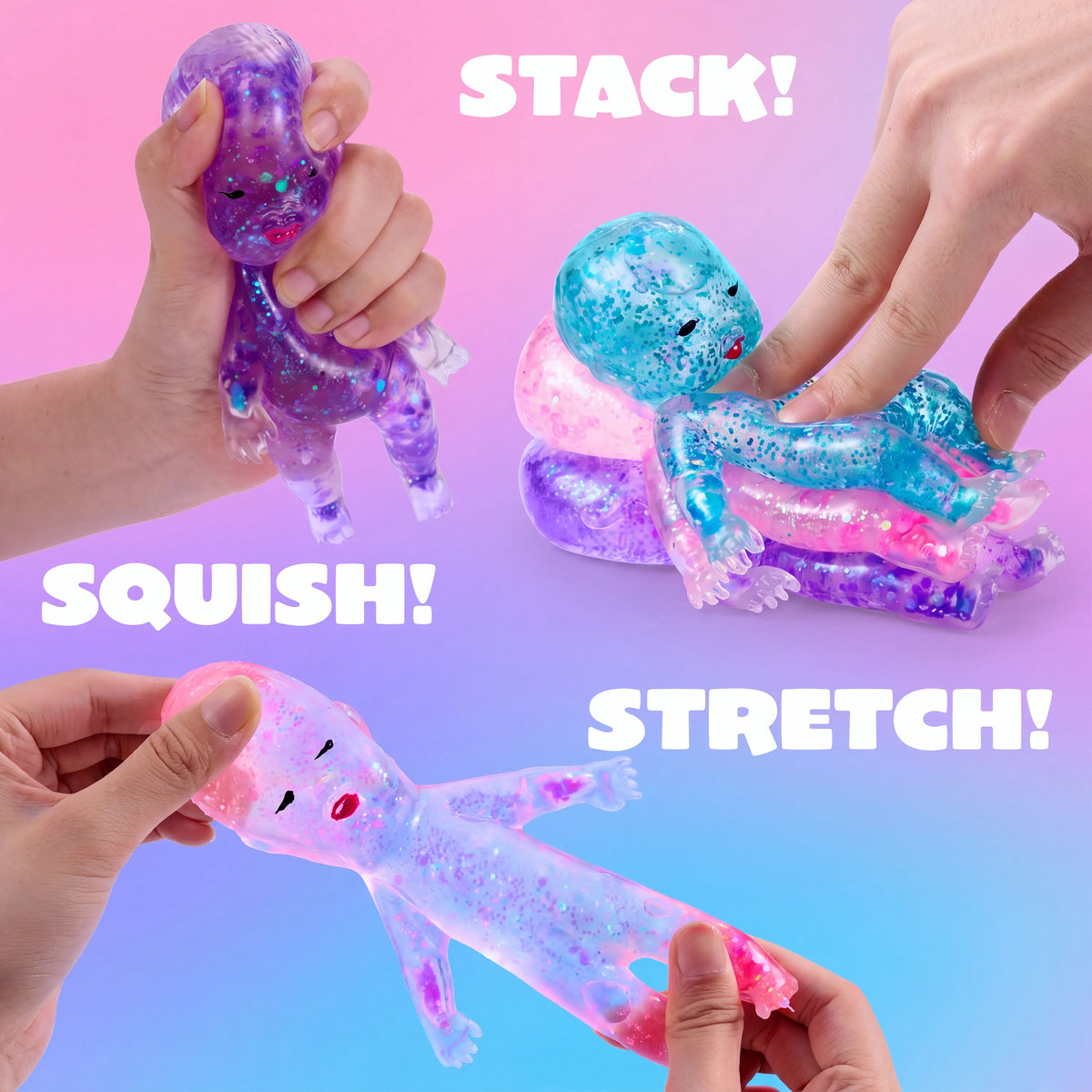 Jelly-style baby squishy with a flexible body and shimmering details for interactive sensory fun.