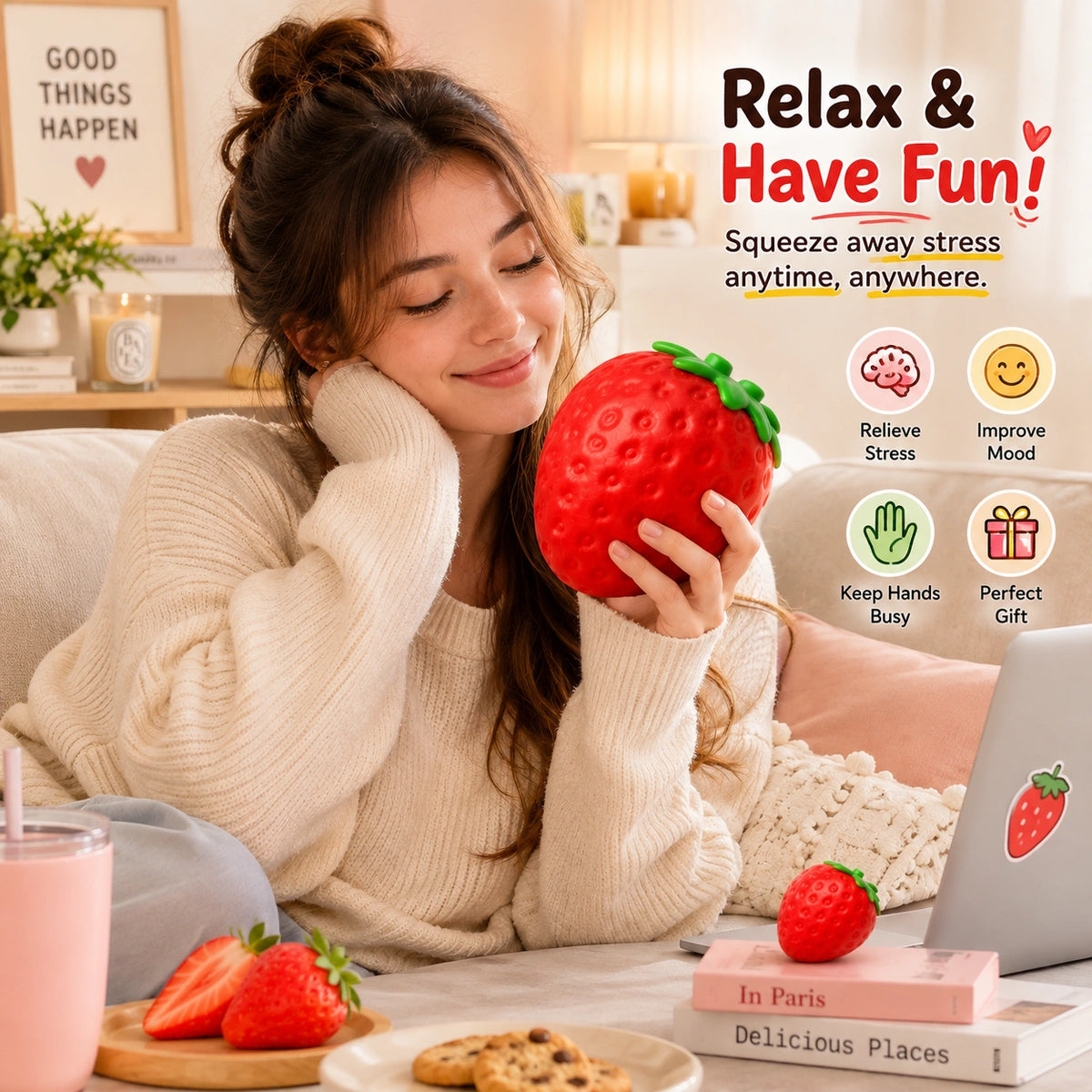 Jumbo strawberry sensory toy with an oversized soft body for tactile squeezing and hands-on play.