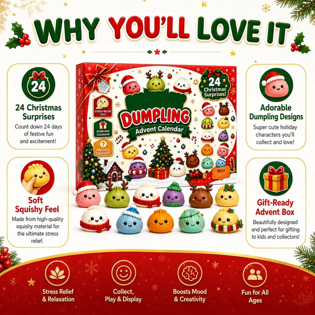 Kawaii mini food squishy toys with soft squeeze texture, collectible designs and stress-relief fun for the holiday season.
