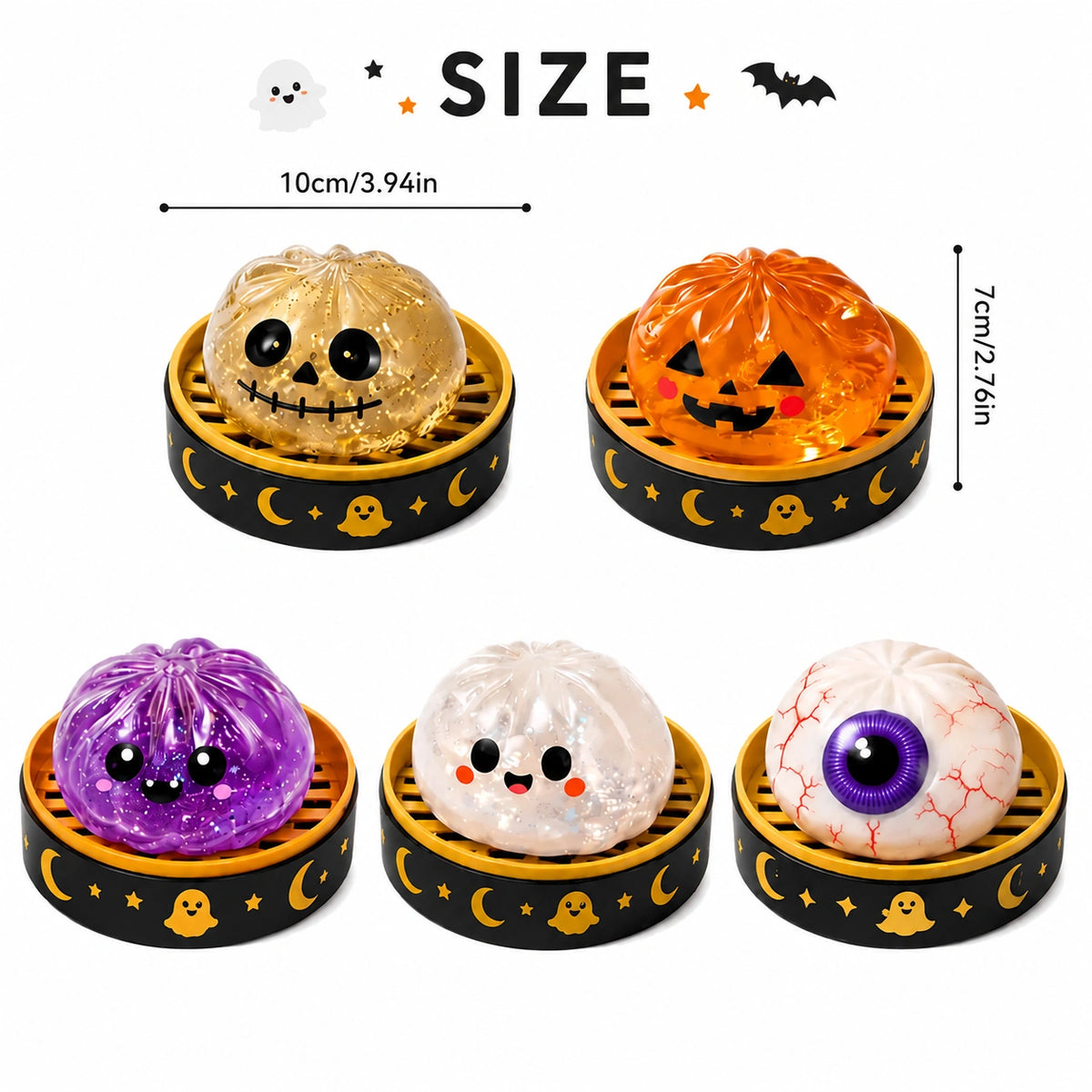 Compact Halloween character toys in five spooky designs, measuring approximately 10 cm wide and 7 cm tall for desk display and seasonal fun.