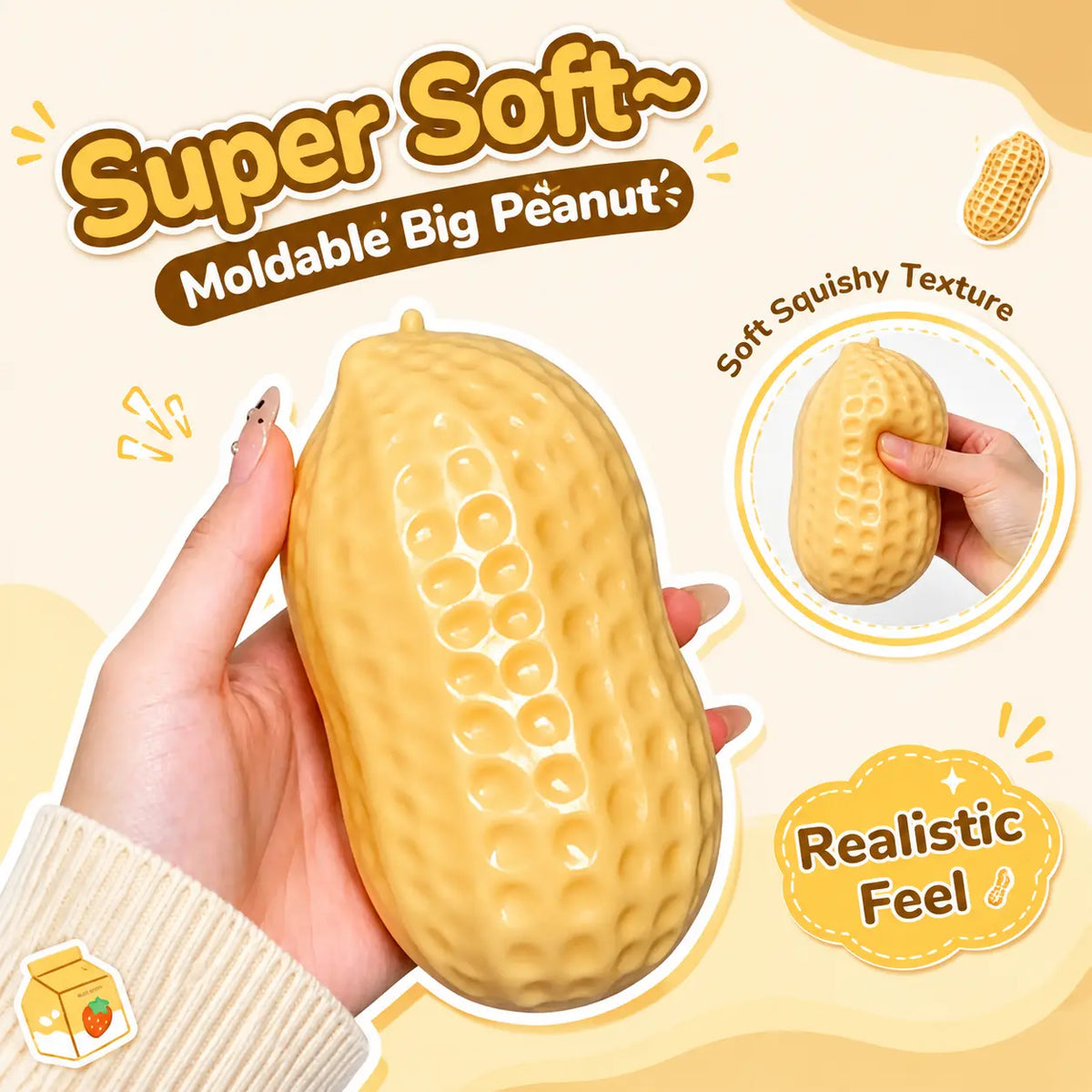 Moldable peanut-shaped tactile toy with a realistic textured surface and flexible feel, shown in hand to demonstrate its soft-touch play experience