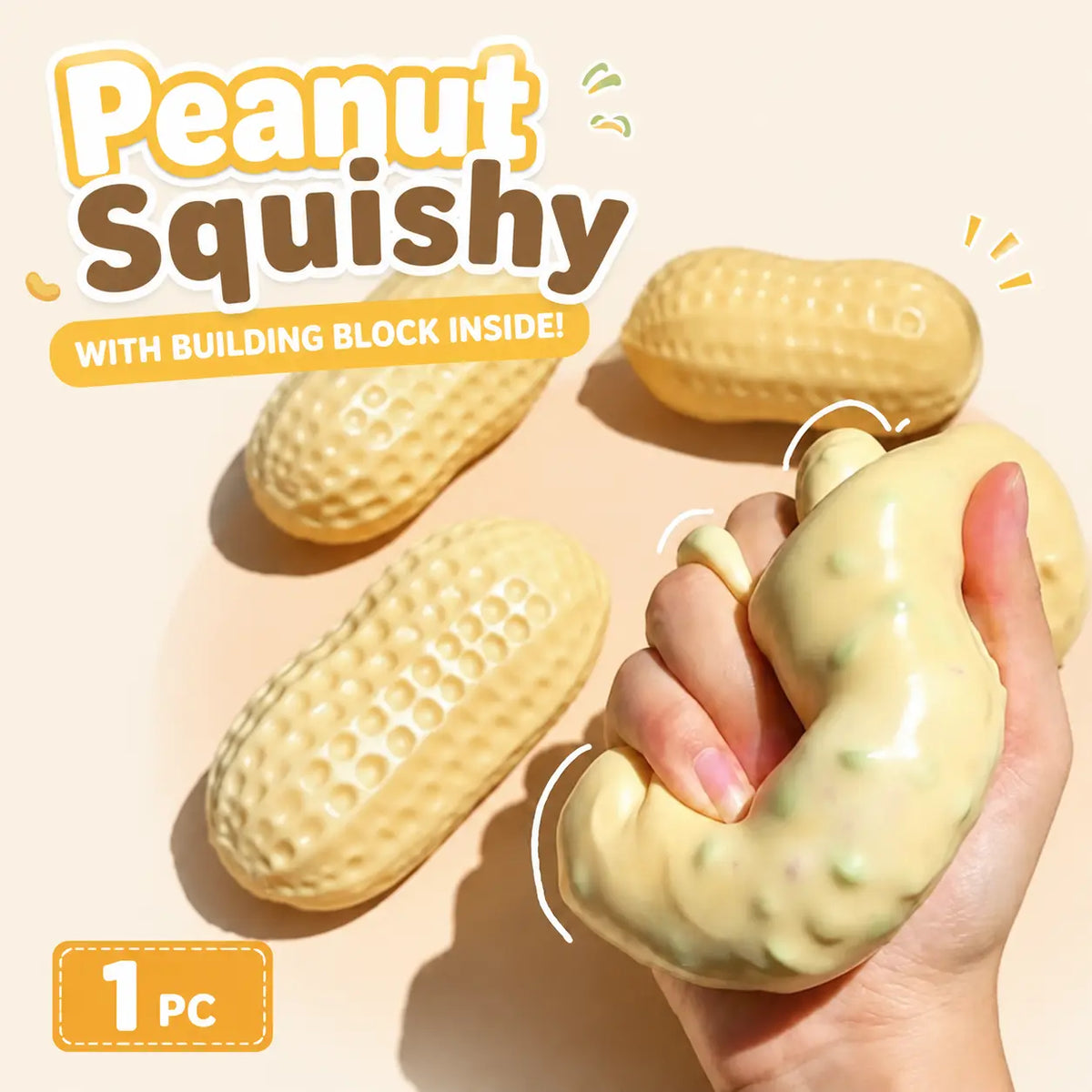 Peanut-shaped novelty toy shown during hands-on play, featuring a playful food-inspired design for interactive entertainment and unique gift giving.