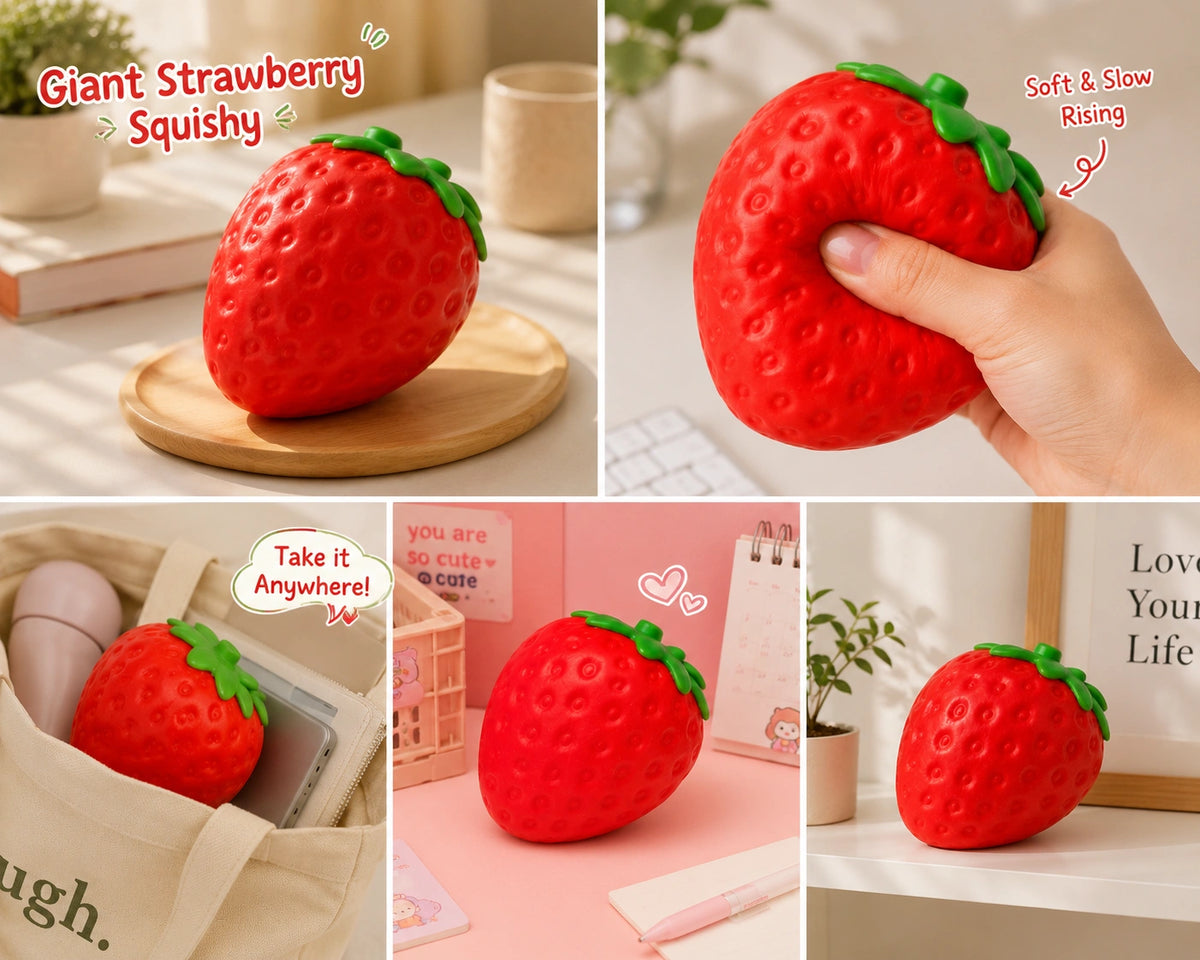 Oversized strawberry squishy desk toy that adds a playful fruit-inspired touch to home, office or study spaces.