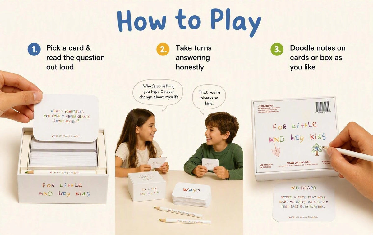 Parent-child bonding card game with thoughtful questions and playful activities