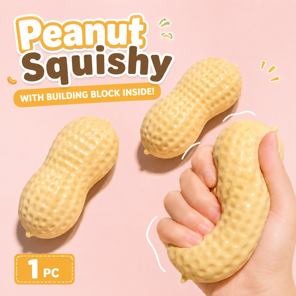 Soft peanut-shaped squishy toy shown being squeezed by hand, with a textured surface for satisfying fidget play and everyday relaxation.