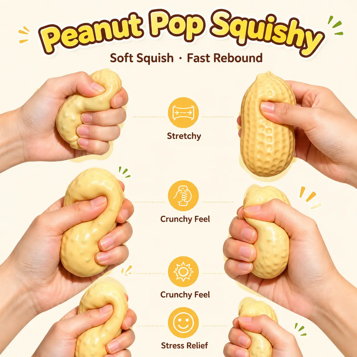 Stretchable peanut-shaped hand toy demonstrating quick rebound and repeated compression, designed for hands-on squeezing and responsive tactile feedback.