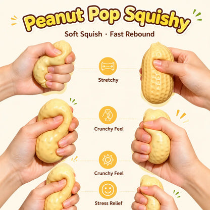 Stretchable peanut-shaped hand toy demonstrating quick rebound and repeated compression, designed for hands-on squeezing and responsive tactile feedback.