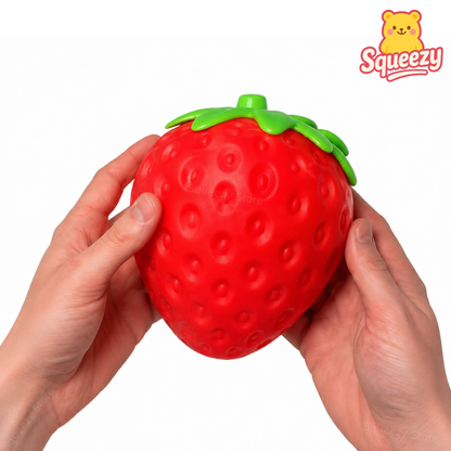 Realistic fruit squishy shaped like a ripe strawberry with detailed seed texture and bright red coloring.