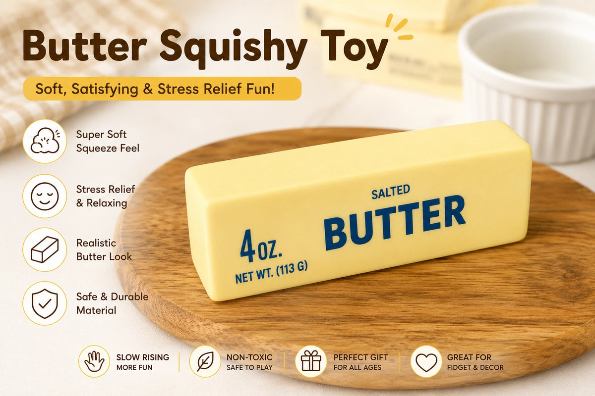Satisfying hand squish toy with a flexible butter shape for relaxing squeeze sessions at home or on the go.